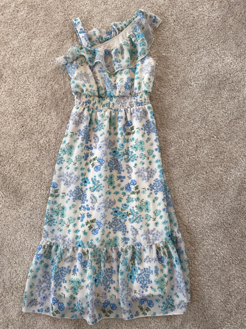 Girls White Dress with Blue & Teal Floral Print
